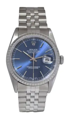 Rolex Datejust Steel Blue Dial Engine Turned Bezel Jubilee 36mm Watch A 16220