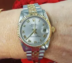 LADIES 31MM ROLEX DATEJUST TWO TONE MIDSIZE JUBILEE GREY ROMAN SAPPIRE 68273
