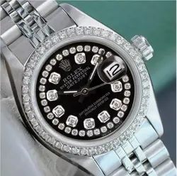 LADIES ROLEX DATEJUST STAINLESS STEEL BLACK DIAMOND DIAL BEZEL WATCH 26MM