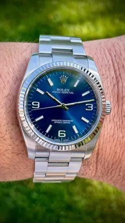 ROLEX OYSTER PERPETUAL OP 116034 BLUE ARABIC FULL SET WHITE GOLD FLUTED SERVICED