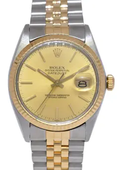 ROLEX DATEJUST 18K YELLOW GOLD/STEEL CHAMPAGNE DIAL MENS 36MM WATCH '84 16013