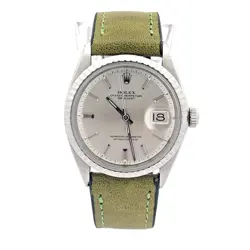 ROLEX DATEJUST 1603 MENS STAINLESS STEEL WATCH GREEN STRAP BAND SILVER DIAL 1970