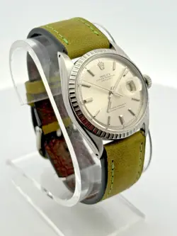 Rolex Datejust 1603 Mens Stainless Steel Watch Green Strap Band Silver Dial 1970