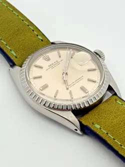 Rolex Datejust 1603 Mens Stainless Steel Watch Green Strap Band Silver Dial 1970