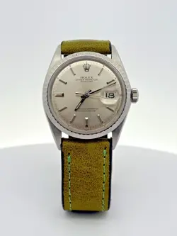 Rolex Datejust 1603 Mens Stainless Steel Watch Green Strap Band Silver Dial 1970