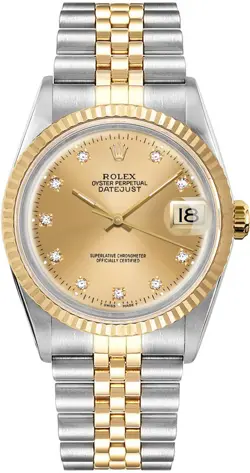 ROLEX DATEJUST 36MM JUBILEE CHAMPAGNE DIAMOND DIAL STAINLESS STEEL WATCH 16013
