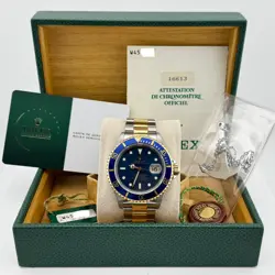 ROLEX SUBMARINER 16613 40MM BLUE 18K GOLD STAINLESS STEEL BOX PAPER SERVICE CARD