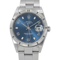 ROLEX OYSTER PERPETUAL DATE 34MM STAINLESS STEEL BLUE DIAL 15210