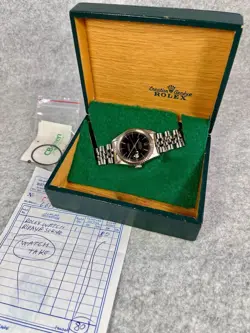 Rolex 1980 Datejust 16030 Black Dial Gold Markers Engine Turn Bezel Jubilee Box