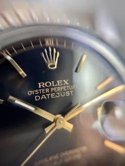 Rolex 1980 Datejust 16030 Black Dial Gold Markers Engine Turn Bezel Jubilee Box