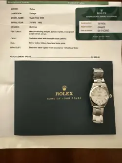 ROLEX VINTAGE OYSTER MEN'S WATCH STAINLESS STEEL. YEAR 1962. MODEL NUMBER 6466/0