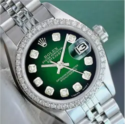 ROLEX LADIES DATEJUST WATCH STAINLESS STEEL GREEN VIGNETTE DIAMOND DIAL .90CTS