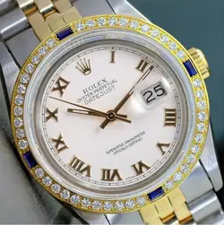 ROLEX DATEJUST MENS TWO-TONE 18KY & STEEL WHITE ROMAN DIAL 1.25CTS BEZEL WATCH