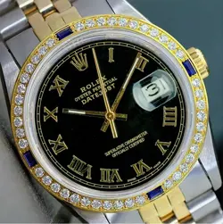 ROLEX DATEJUST MENS TWO-TONE 18KY & STEEL BLACK ROMAN DIAL 1.25CTS BEZEL WATCH