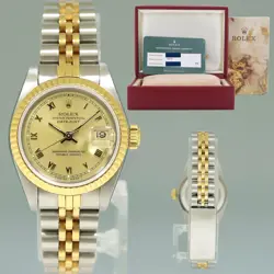 RSC PAPERS LADIES ROLEX DATEJUST 26MM 69173 TWO TONE CHAMPAGNE ROMAN GOLD