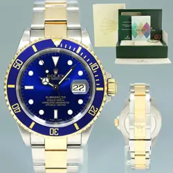 MINT 2005 PAPERS ROLEX SUBMARINER 16613 GOLD STEEL TWO TONE GOLD SUNBURST BLUE