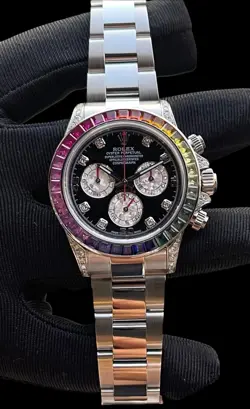 ROLEX DAYTONA 116520 CUSTOM RAINBOW DIAMONDS AND SAPPHIRES STAINLESS STEEL MINT
