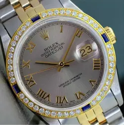 ROLEX DATEJUST MENS TWO-TONE 18KY & STEEL GRAY ROMAN DIAL 1.25CTS BEZEL WATCH