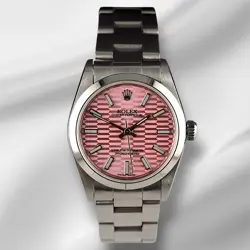 ROLEX OYSTER PERPETUAL 31MM STAINLESS STEEL PINK MOTIF DIAL WATCH REF 67480