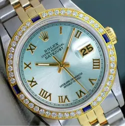 ROLEX DATEJUST MENS TWOTONE 18KY & STEEL ICE BLUE ROMAN DIAL 1.25CTS BEZEL WATCH