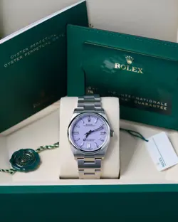 NEW ROLEX OYSTER PERPETUAL LAVENDER 126000 STEEL 36MM COMPLETE SET