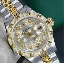 ROLEX DATEJUST LADIES TWO-ONE GOLD STEEL STRING SILVER FLORAL DIAMOND WATCH 26MM