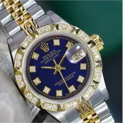ROLEX DATEJUST LADIES TWO-TONE GOLD STEEL BLUE DIAL PYRAMID DIAMOND WATCH 26MM
