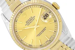 36MM ROLEX DATEJUST TWOTONE 18K GOLD & STEEL 16233 WATCH CHAMPAGNE DIAL