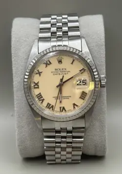 ROLEX DATEJUST 80S VINTAGE REF 16014 CREAM SILVER ROMAN NUMERAL DIAL 36MM CASE.