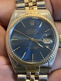 ROLEX DATEJUST 16013 18K GOLD AND SS JUBILEE BRACELET WITH 18K BEZEL. BLUE DIAL