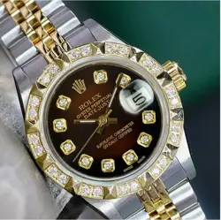 ROLEX DATEJUST LADIES TWO-TONE GOLD STEEL BROWN VIGNETTE PYRAMID DIAMOND WATCH