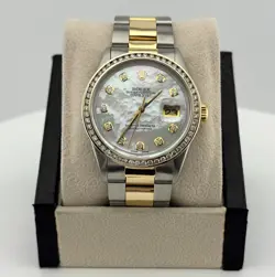 ROLEX DATEJUST 16013 36MM MOP DIAMOND DIAL DIAMOND BEZEL STEEL 18K YELLOW GOLD