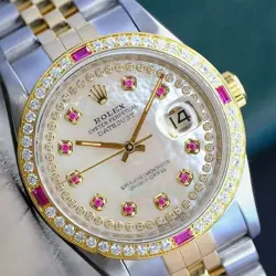 ROLEX DATEJUST MENS TWO-TONE 18KY STEEL WHITE MOTHER OF PEARL RUBY WATCH 1.40CTS