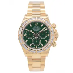 ROLEX DAYTONA 116568BR GREEN DIAL 18K YELLOW GOLD BAGUETTE DIAMOND BEZEL WATCH