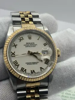 ROLEX 16233 DJ 36MM TT W-CREAM ROMAN DIAL EX. CONDITION. BOX/PAPER/BOOK/TAG