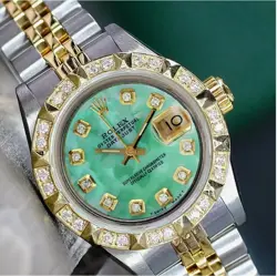 ROLEX DATEJUST LADIES TWO-TONE GOLD GREEN MOTHER OF PEARL PYRAMID DIAMOND WATCH