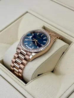 NEW 2025 Rolex Day-Date 36mm 128345RBR Rose Gold Blue Baguette Dial