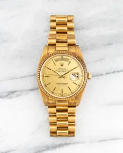 VINTAGE ROLEX REF 18038 VINTAGE DAY DATE LINEN DIAL 18K YELLOW GOLD 36MM CASE