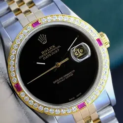 ROLEX DATEJUST MENS TWO-TONE 18KY STEEL BLACK DIAMOND & RUBY WATCH 1.40CTS 36MM