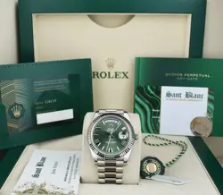 ROLEX WHITE GOLD DAY DATE PRESIDENT GREEN ROMAN DIAL CARD TAGS 228239 SANT BLANC