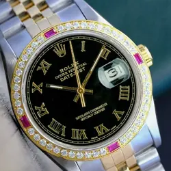 ROLEX DATEJUST MENS TWO-TONE 18KY STEEL BLACK ROMAN DIAMOND & RUBY WATCH 1.40CTS