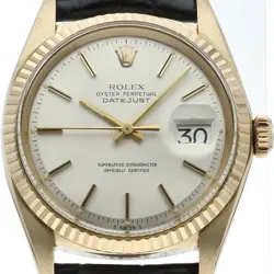 ROLEX DATEJUST MEN'S WATCH ANTIQUE 1601(2) K18 YG / LEATHER MENSWATCH SILVER...