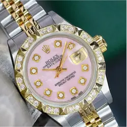 ROLEX DATEJUST LADIES TWOTONE GOLD SS PINK MOTHER OF PEARL PYRAMID DIAMOND WATCH