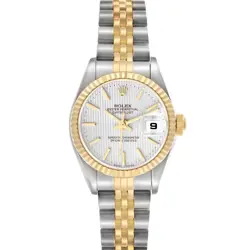 ROLEX DATEJUST STEEL YELLOW GOLD SILVER TAPESTRY DIAL LADIES WATCH 79173