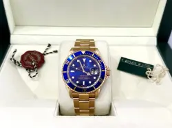 ROLEX 18K YELLOW GOLD SUBMARINER PURPLE BLUE DIAL WATCH BOX & PAPERS 16618