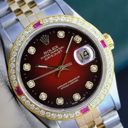 ROLEX DATEJUST MENS TWOTONE 18KY STEEL RED VIGNETTE  DIAMOND & RUBY WATCH 1.40CT
