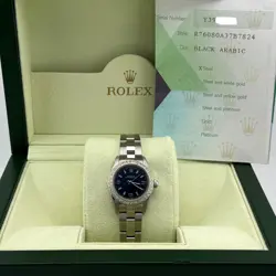ROLEX OYSTER PERPETUAL 76080 24MM BLUE DIAL DIAMOND BEZEL STEEL BOX PAPERS