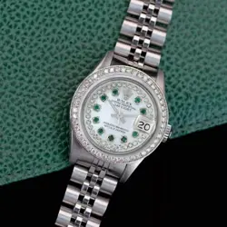 ROLEX DATEJUST LADIES STEEL WHITE MOTHER OF PEARL DIAMOND EMERALD WATCH 1.10CTS