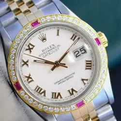 ROLEX DATEJUST MENS TWO-TONE 18KY STEEL WHITE ROMAN DIAMOND & RUBY WATCH 1.40CTS