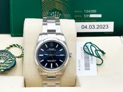 ROLEX OYSTER PERPETUAL 124200 34MM BLUE DIAL STAINLESS STEEL BOX PAPER 2023